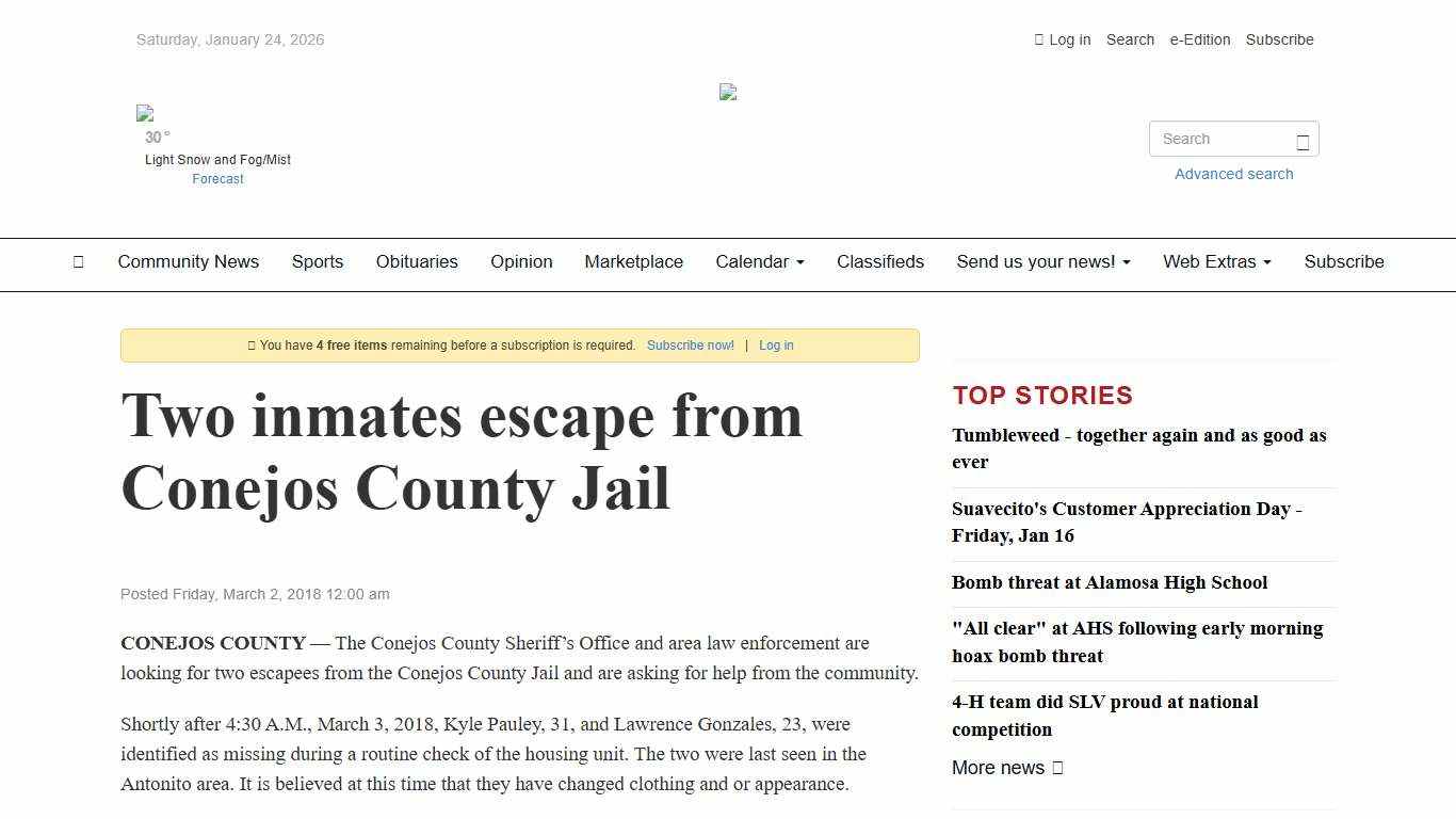 Two inmates escape from Conejos County Jail - The Alamosa News